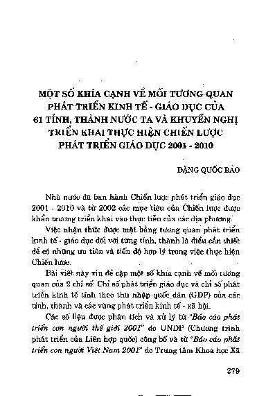 Một số khía cạnh về mối tương quan phát triển kinh tế - giáo dục của 61 tỉnh, thành nước ta và khuyến nghị triển khai thực hiện chiến lược phát triển giáo dục 2001 - 2010