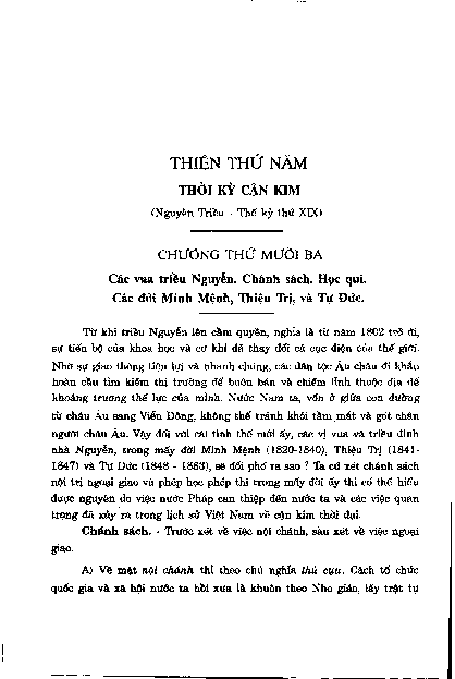 Chương thứ mười ba Các vua triều Nguyễn. Chánh sách. Học qui. Các đời Minh Mệnh, Thiệu Trị và Tự Đức