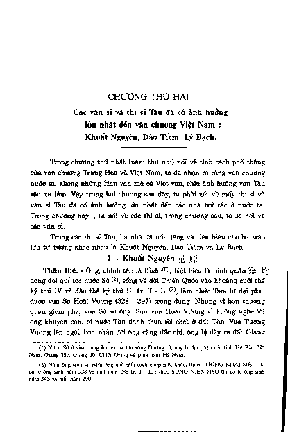 Chương thứ hai Các văn sĩ và thi sĩ Tàu đã có ảnh hưởng lớn nhất đến văn chương Việt Nam Khuất Nguyên, Đào Tiềm, Lý Bạch