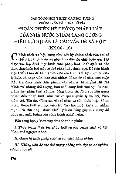 Bản tổng hợp ý kiến các đối tượng phỏng vấn sâu của đề tàiHoàn thiện hệ thống pháp luật của nhà nước nhằm tăng cường hiệu lực quản lý các vấn đề xã hội(KX.04 - 16)
