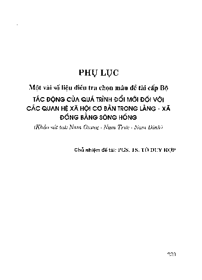 Phụ lục Một vài số liệu điều tra chọn mẫu đề tài cấp Bộ Tác động của quá trình đổi mới đối với các quan hệ xã hội cơ bản trong làng - xã đồng bằng sông Hồng (Khảo sát tại Nam Giang, Nam Trực, Nam Định)
