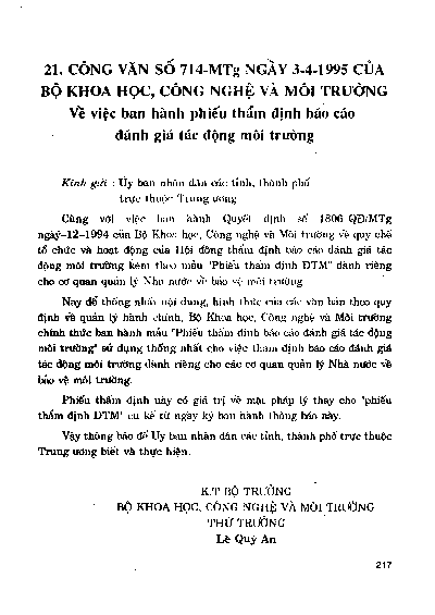 Công văn số 714-MTg ngày 3-4-1995 của Bộ Khoa học, Công nghệ và Môi trường về việc ban hành phiếu thẩm định báo cáo đánh giá tác động môi trường