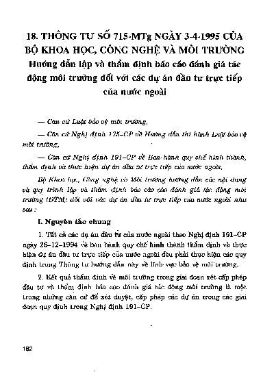 Thông tư số 715-MTg ngày 3-4-1995 của Bộ Khoa học, Công nghệ và Môi trường hướng dẫn lậ p và thẩm định báo cáo đánh giá tác động môi trường đối với các dự án đầu tư trực tiếp của nước ngoài