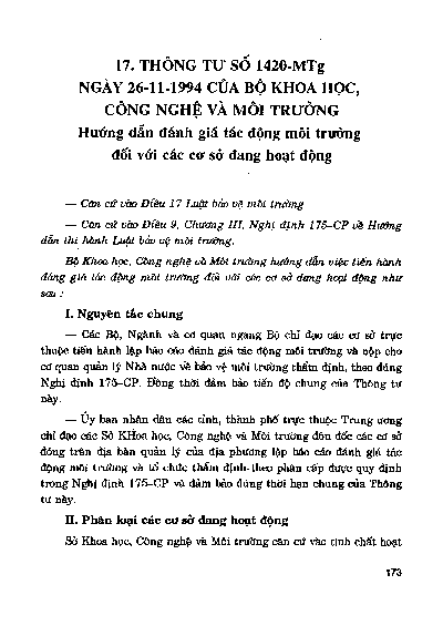 Thông tư số 1420-MTg ngày 26-11-1994 của Bộ Khoa học, Công nghệ và Môi trường hướng dẫn đánh giá tác động môi trường đối với các cơ sở đang hoạt động