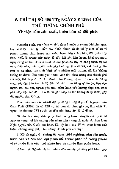 Chỉ thị số 406-TTg ngày 8-8-1994 của Thủ tướng Chính phủ về việc cấm sản xuất, buôn bán và đốt pháo