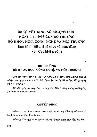 Quyết định số 545-QĐTCCB ngày 7-10-1993 của Bộ trưởng Bộ Khoa học, Công nghệ và Môi trường ban hành Điều lệ tổ chức và hoạt động của Cục Môi trường