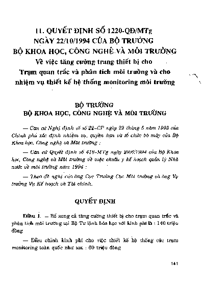Quyết định số 1220-QĐMTg ngày 22-10-1994 của Bộ trưởng Bộ Khoa học, Công nghệ và Môi trường về việc tăng cường trang thiết bị cho Trạm quan trắc và phân tích môi trường và cho nhiệm vụ thiết kế hệ thống Monitoring môi trường