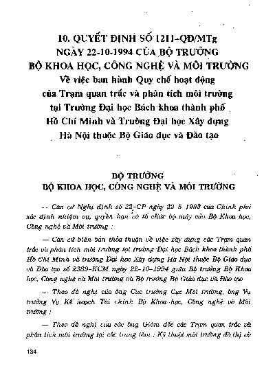 Quyết định số 1211-QĐMTg ngày 22-10-1994 của Bộ trưởng Bộ Khoa học, Công nghệ và Môi trường về việc ban hành Quy chế hoạt động của Trạm quan trắc và phân tích môi trường tại trường Đại học Bách khoa thành phố Hồ Chí Minh và trường Đại học Xây dựng Hà Nộ