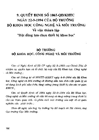 Quyết định số 1065-QĐKHTC ngày 22-9-1994 của Bộ trưởng Bộ Khoa hoc Công nghệ và Môi trường về việc thành lậ pHội đồng lựa chọn thiết bị khoa học