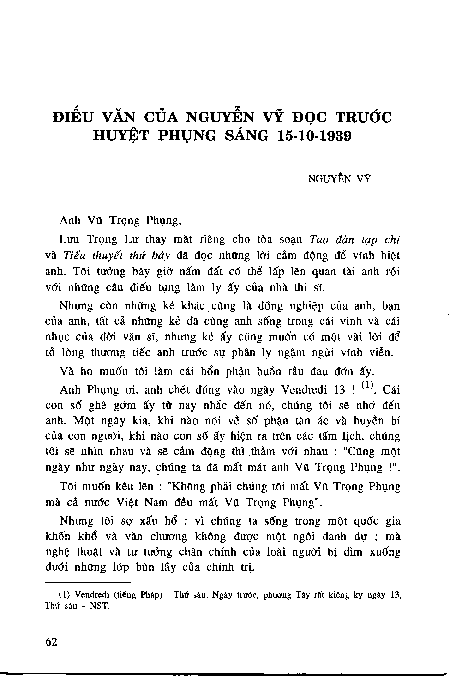 Điếu văn của Nguyễn Vỹ đọc trước huyệt Phụng sáng 15-10-1939