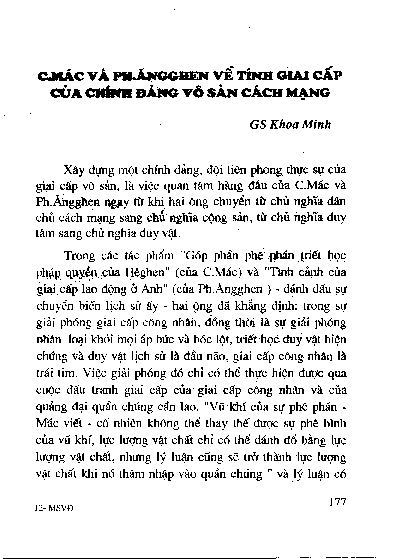 C.Mác và Ph.Ăngghen về tính giai cấp của chính Đảng vô sản cách mạng