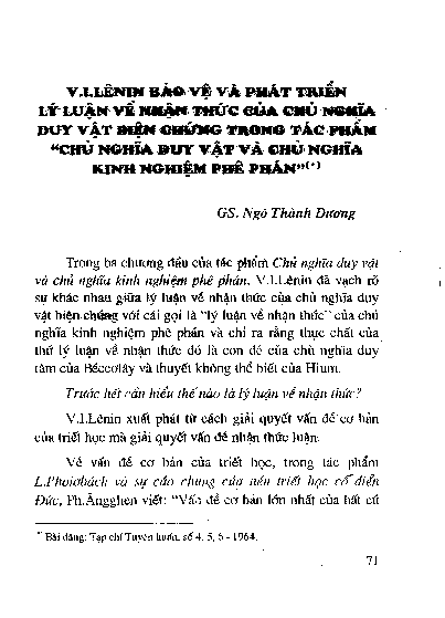 V.I.Lênin bảo vệ và phát triển Lý luận về nhậ n thức của chủ nghĩa duy vậ t biện chứng trong tác phẩmChủ nghĩa duy vậ t và chủ nghĩa kinh nghiệm phê phán