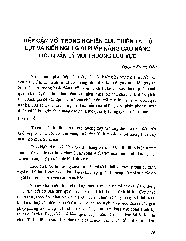 Tiếp cận mới trong nghiên cứu thiên tai lũ lụt và kiến nghị giải pháp nâng cao năng lực quản lý môi trường lưu vực