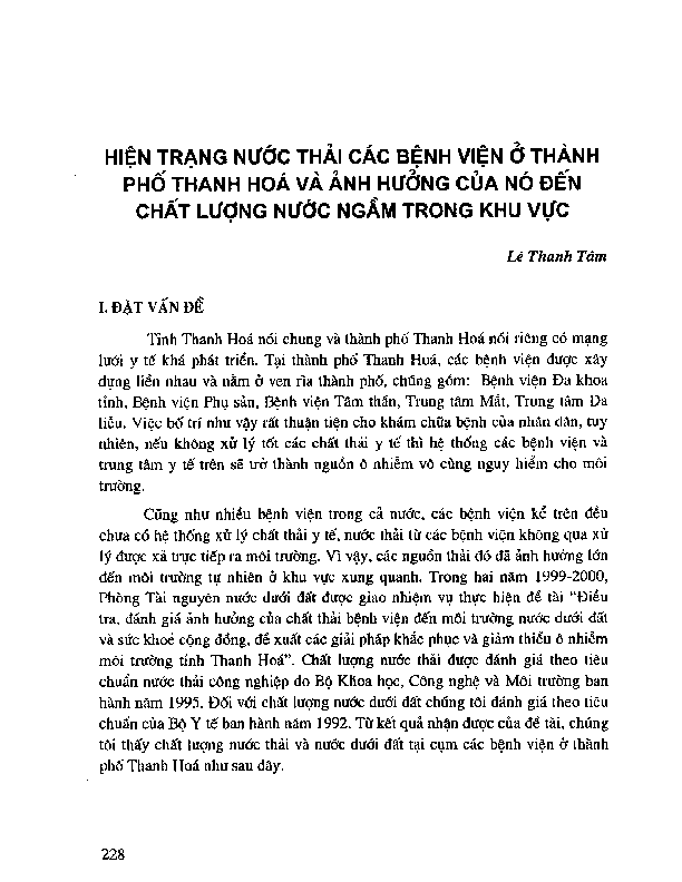 Hiện trạng nước thải các bệnh viện ở thành phố Thanh Hóa và ảnh hưởng của nó đến chất lượng nước ngầm trong khu vực