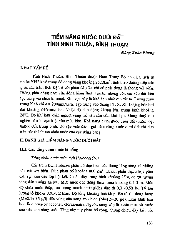 Tiềm năng nước dưới đất tỉnh Ninh Thuận, Bình Thuận