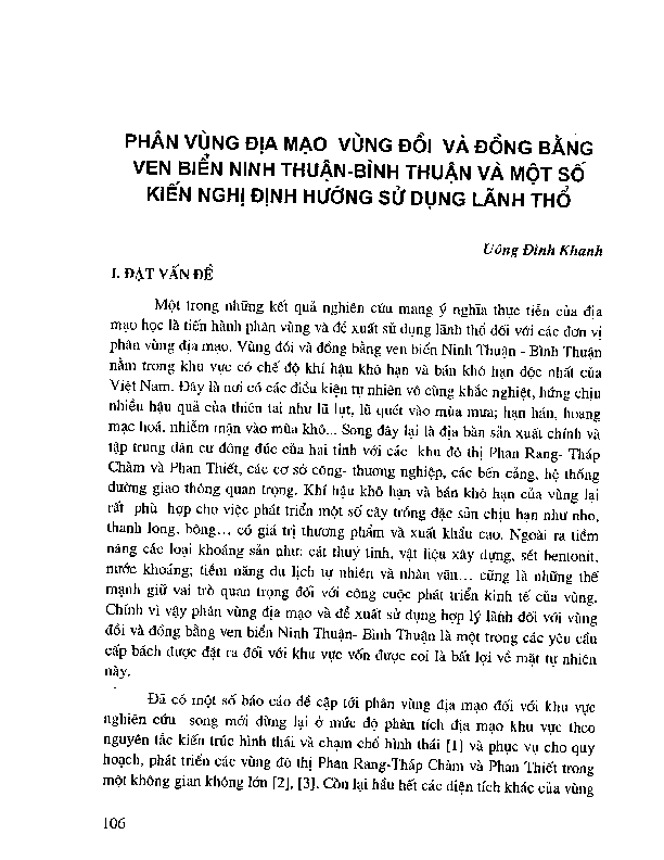 Phân vùng địa mạo vùng đồi và đồng bằng ven biển Ninh Thuận - Bình Thuận và một số kiến nghị định hướng sử dụng lãnh thổ