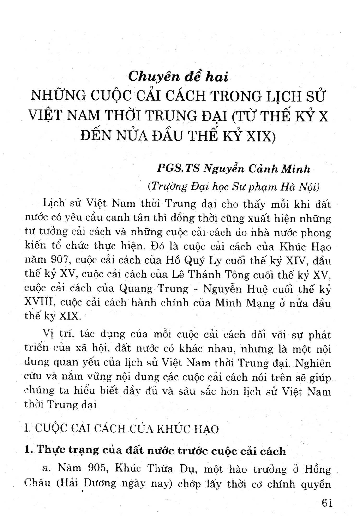 Những cuộc cải cách trong lịch sử Việt Nam thời trung đại (Từ thế kỷ X đến nửa đầu thế kỷ XIX) Chuyên đề hai