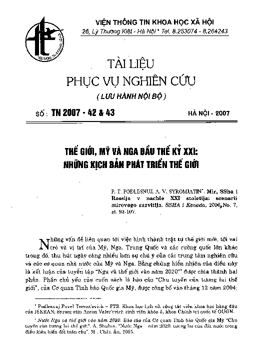 Các nước Châu Âu và Nga trước tình hình khoa học, kinh tế, chính trị, an ninh thế giới (2005 - 2007) chuyên đề phục vụ nghiên cứu. Q.1