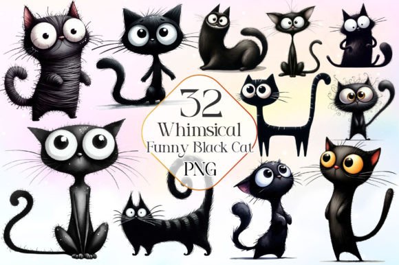 Whimsical Black Cat Clipart Collection