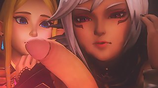 Zelda and hot elf babe fight over Link's hard boner