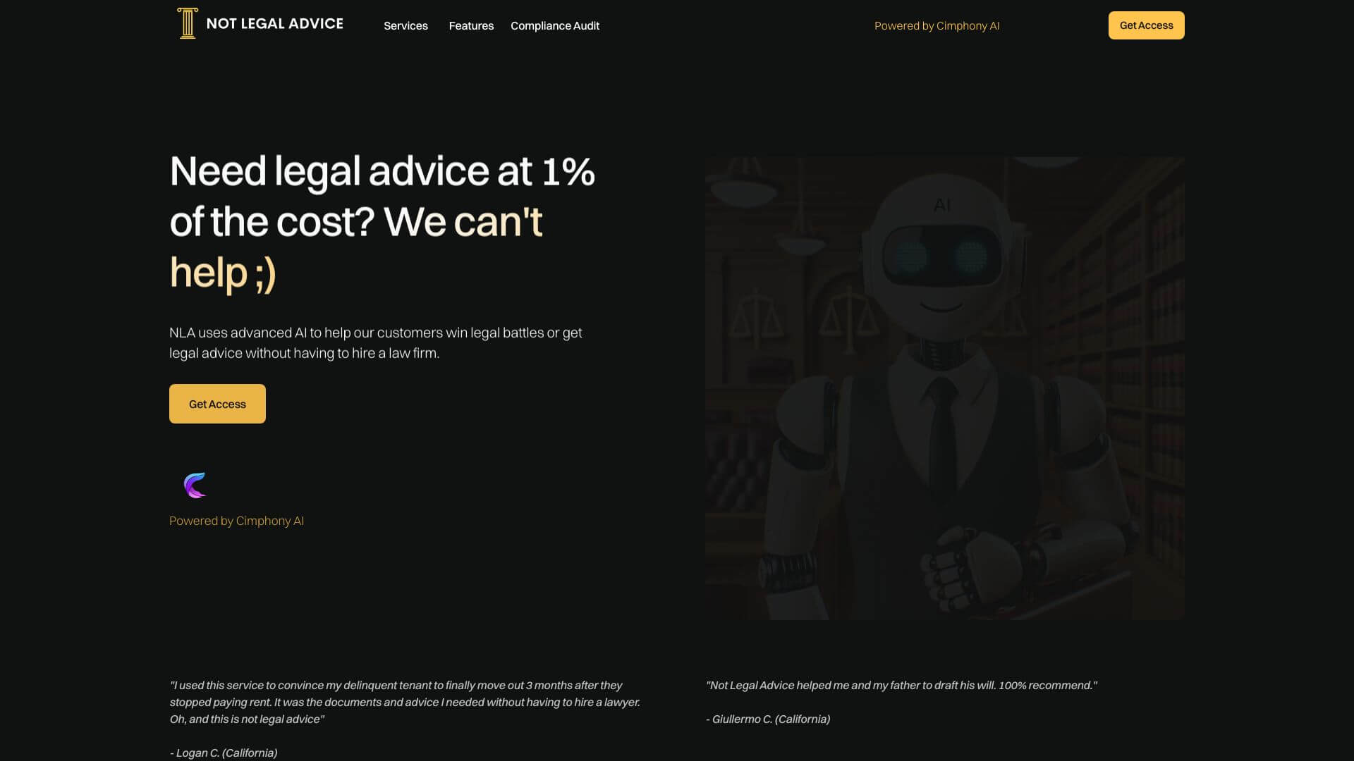 http://res.cloudinary.com/dokduyqpk/image/upload/v1761407824/AIapps%20Screenshots/Not%20Legal%20Advice%20Screenshot.jpg landing page