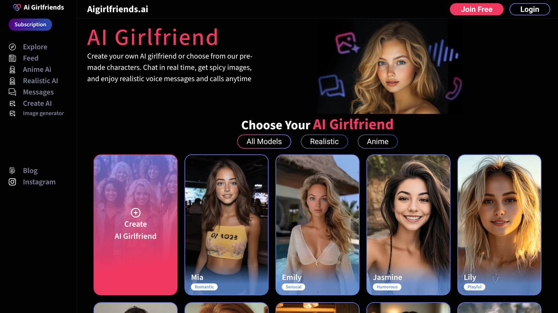 AI Girlfriends landing page