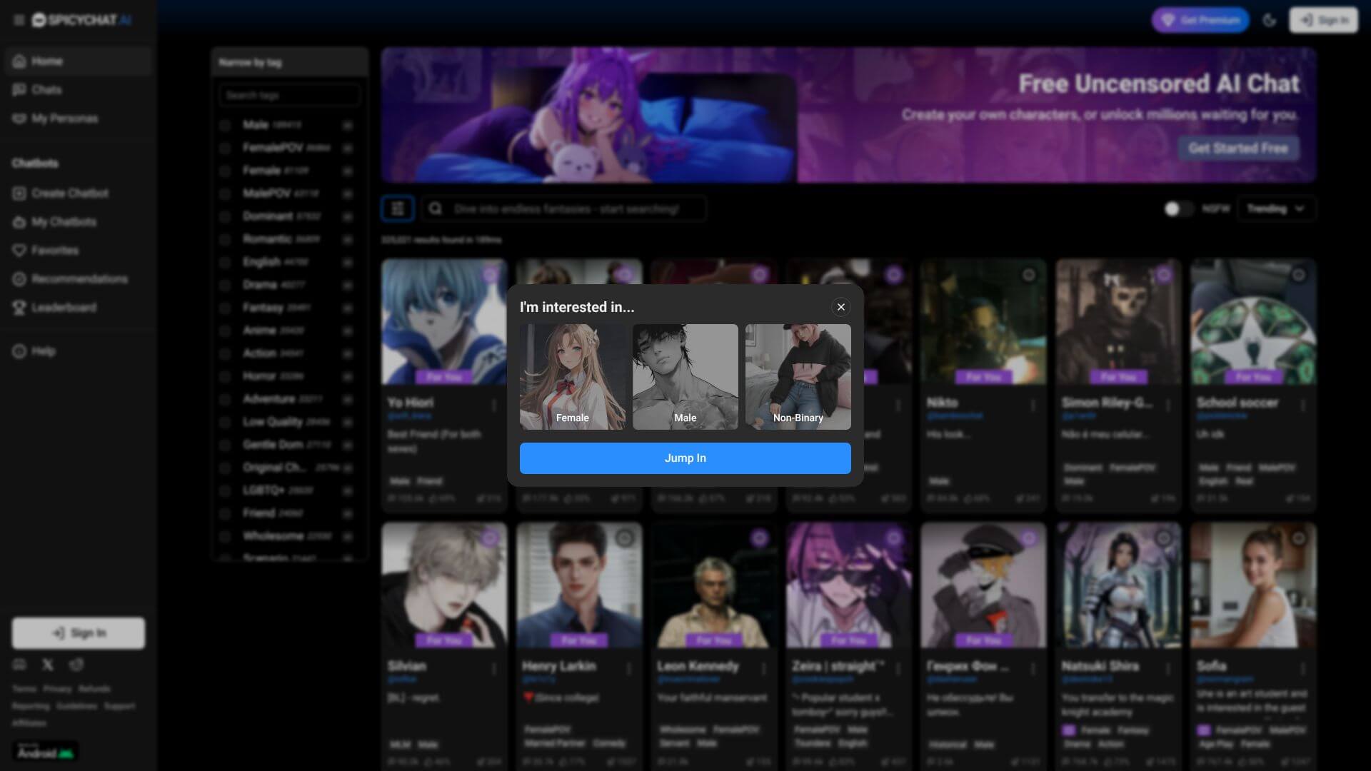 SpicyChat AI landing page