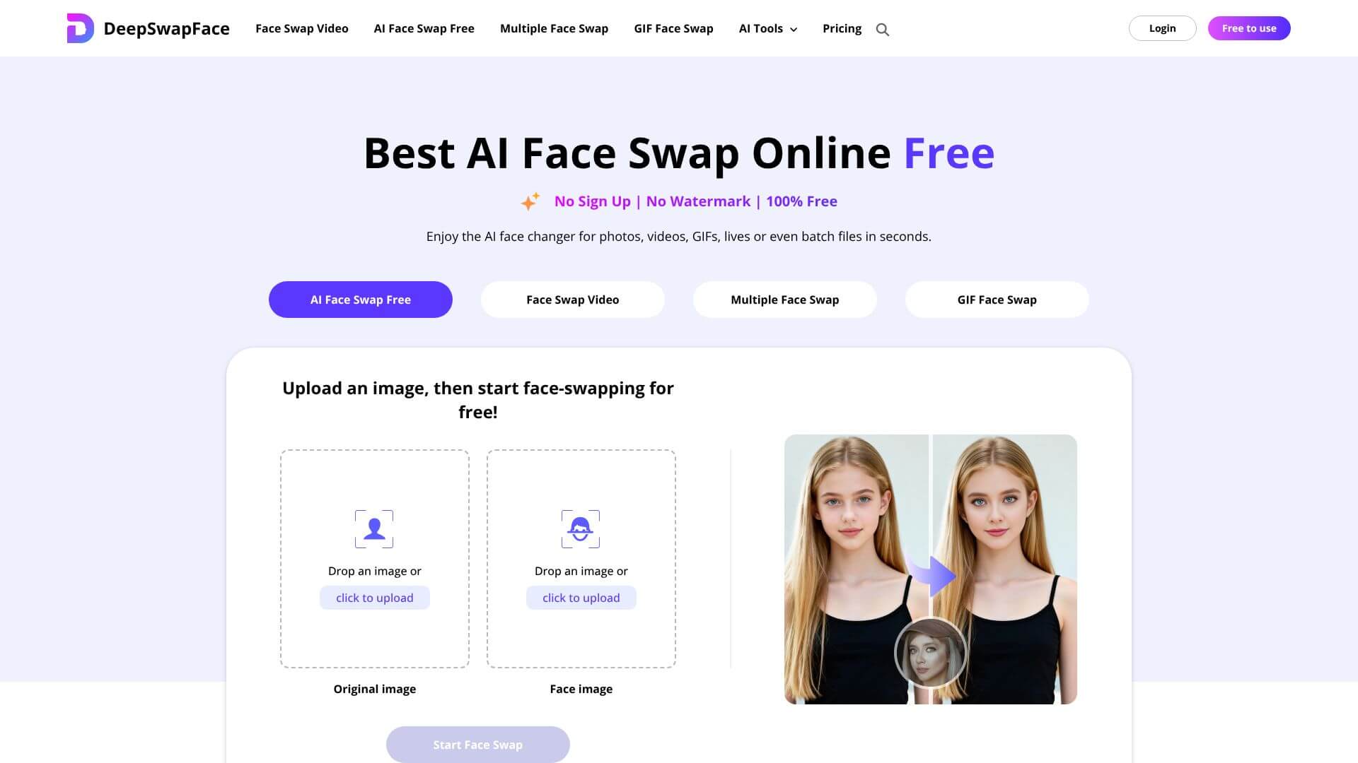 DeepSwapFace - Best AI Face Swap Online Free home page