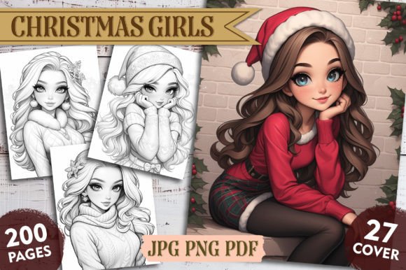 Christmas Girls Coloring Pages - Santa Hat Illustrations for Adults