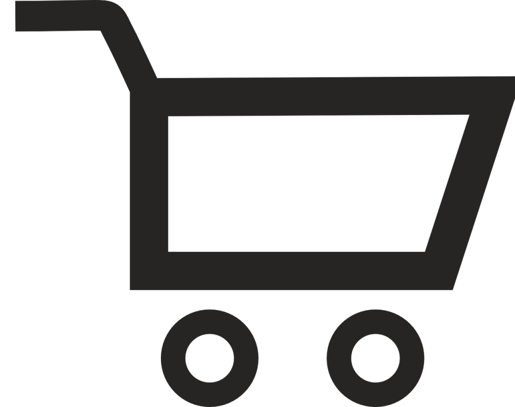 Ein weißer Hintergrund mit einem schwarzen fast abstrakten Einkaufswagen im Vordergrund.