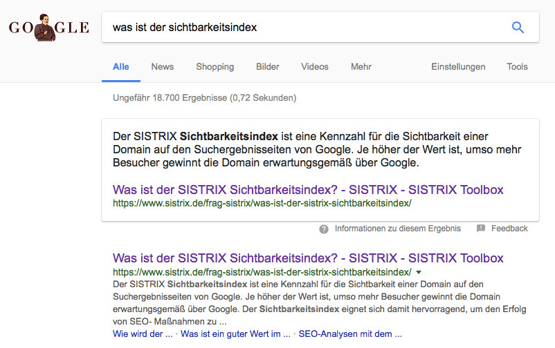 Die Suchanfrage "Was ist der Sichtbarkeitsindex" zeigt die ersten beiden Suchergebnisse. Als erstes die im Text erwähnte 'Position 0'.