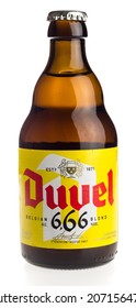 GRONINGEN, NETHERLANDS - OCTOBER 31, 2021: Bottle of Belgian Duvel 666 Blonde beer isolated on a white background