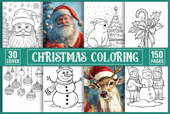 Festive Christmas coloring book cover with Santa, snowmen, and holiday decorations