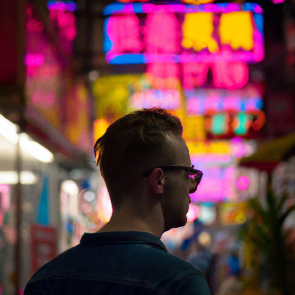 A man walking through the bustling streets of Kowloon at night, lit by many bright neon shop signs, 50mm lens