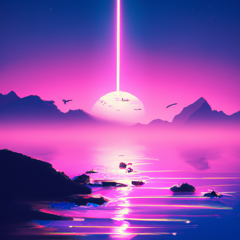 A synthwave style sunset above the reflecting water of the sea, digital art