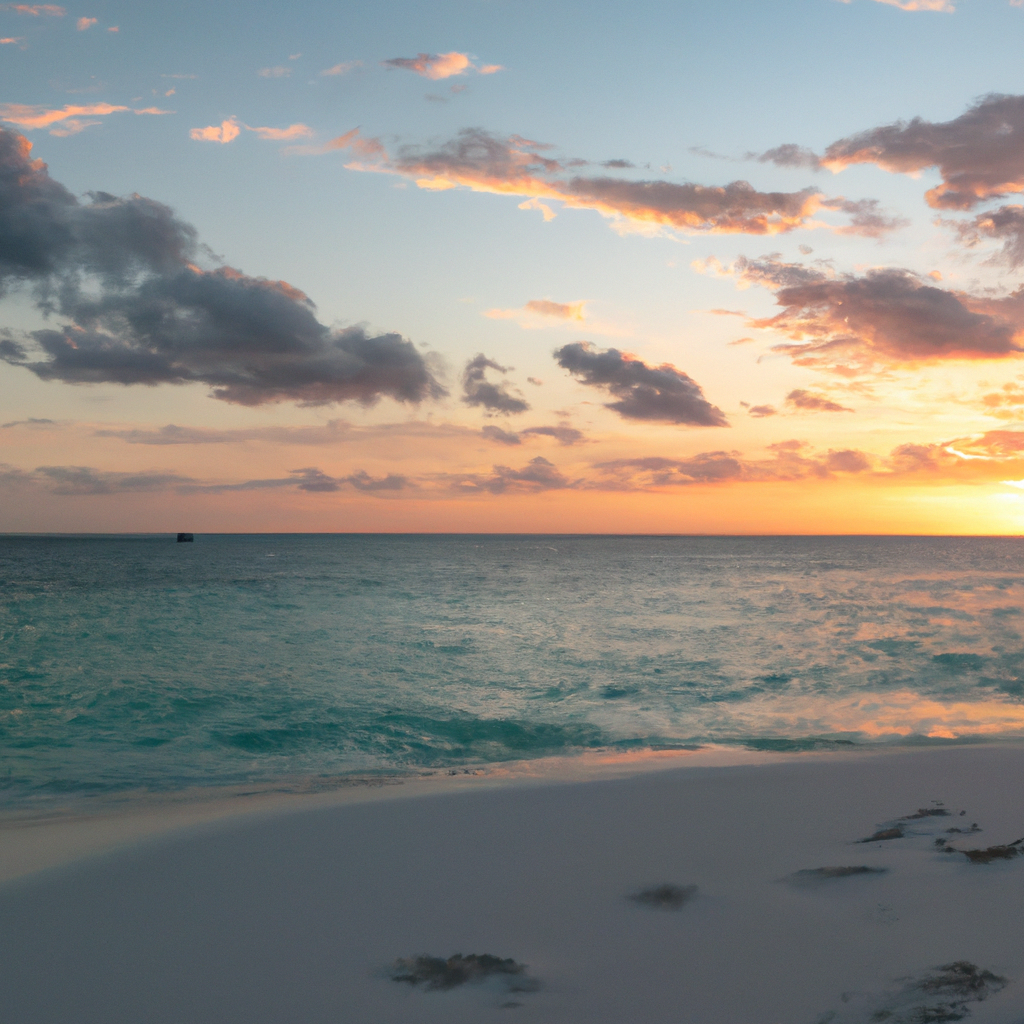 orange sunset with few clouds on a beach with white sand and turquoise water