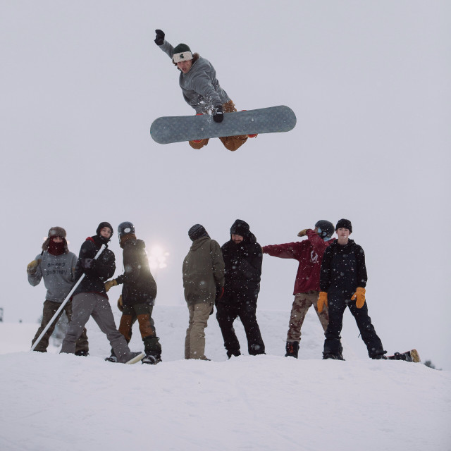 Me. Student Brett Kulas gets big air over his homies on his handcrafted snowboard!
