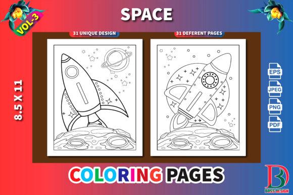 Space Coloring Book Cover with Rocket Illustrations