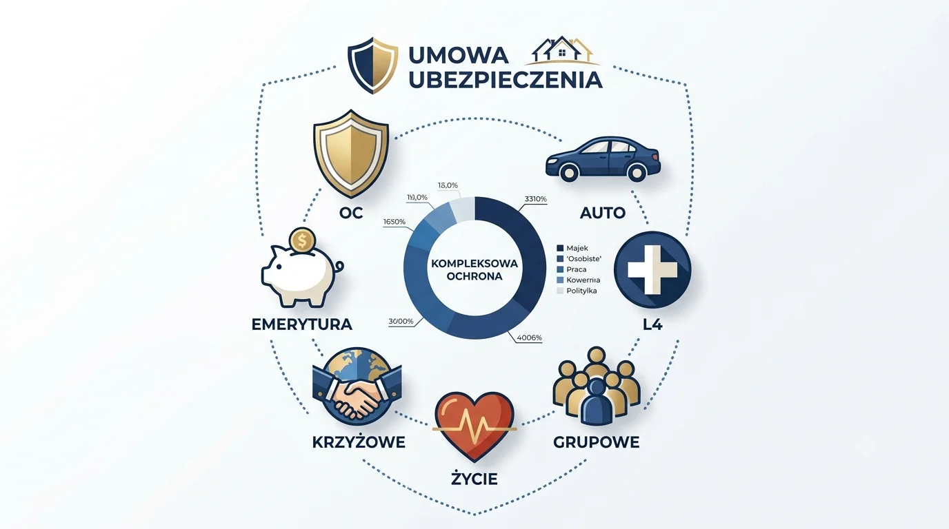 Rodzaje ubezpieczeń dla przedsiębiorców w wirtualnym biurze: OC zawodowe, auto, L4, grupowe, życie, krzyżowe, emerytura