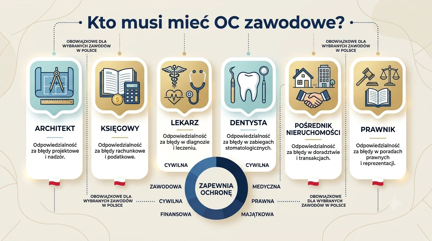 "Zawody objęte obowiązkowym ubezpieczeniem OC zawodowym: architekt, księgowy, lekarz, dentysta, pośrednik nieruchomości, prawnik