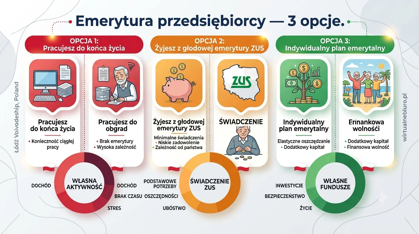 Trzy opcje zabezpieczenia emerytalnego dla przedsiębiorcy: praca do końca życia, głodowa emerytura ZUS, indywidualny plan emerytalny