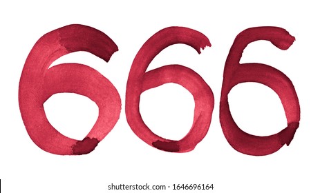 666 - Number of beast. Hand-drawn watercolor. Blood red font. Six hundred sixty six.