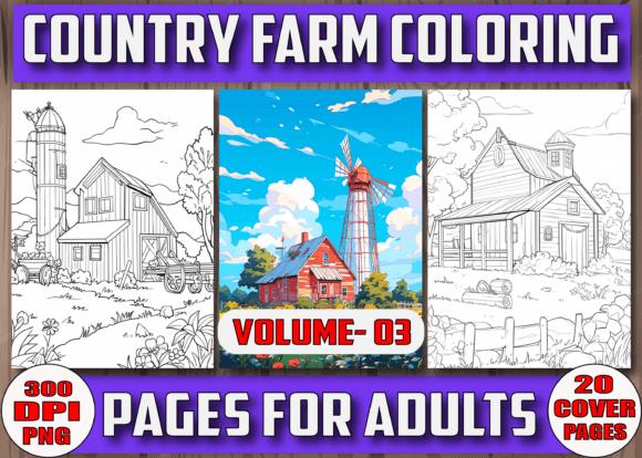 Country Farm Coloring Book Cover featuring barn, red house, and church illustrations