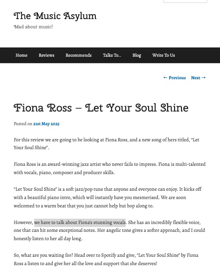 Screenshot of Fiona Ross – Let Your Soul Shine by The Music Asylum