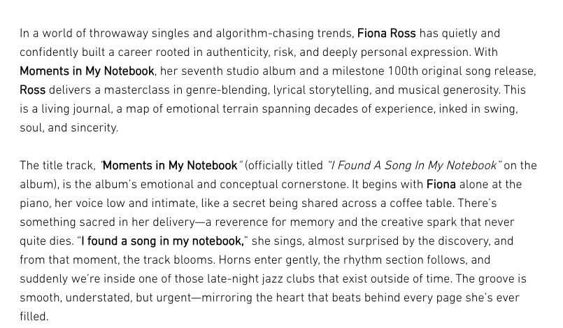 Screenshot of 'Moments in My Notebook'' by Fiona Ross by Hit Harmony