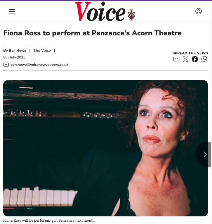 Screenshot of Fiona Ross to perform at Penzance's Acorn Theatre by The Voice