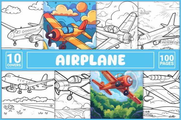 Airplane coloring book cover featuring colorful airplane illustration and line drawings