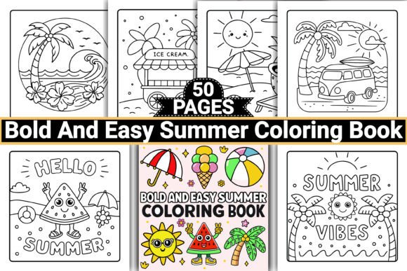 Summer coloring pages featuring beach scenes, ice cream cart, and summer symbols