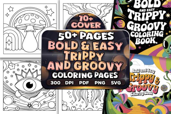 Trippy Groovy Coloring Book Cover with Mushrooms and Cosmic Designs