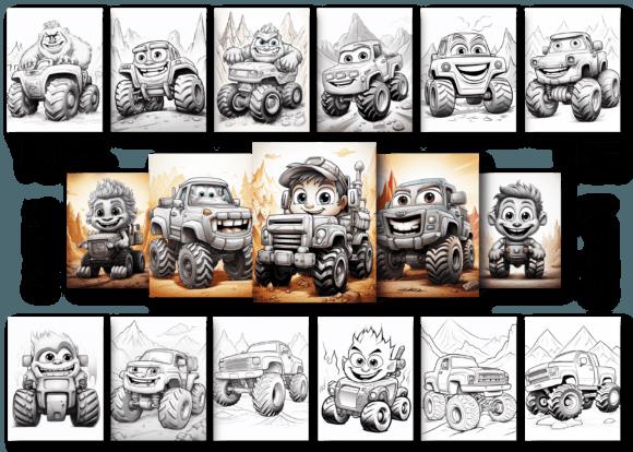 Cartoon Monster Trucks with Unique Personalities Coloring Pages